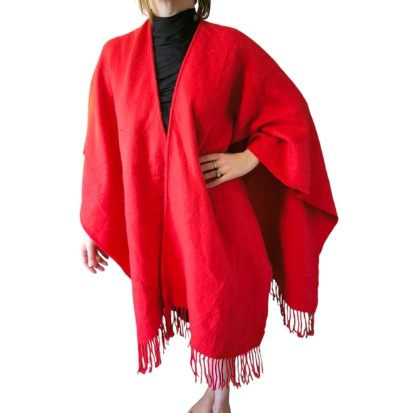 Indigo Red Fringe Poncho - Picture 2 of 2